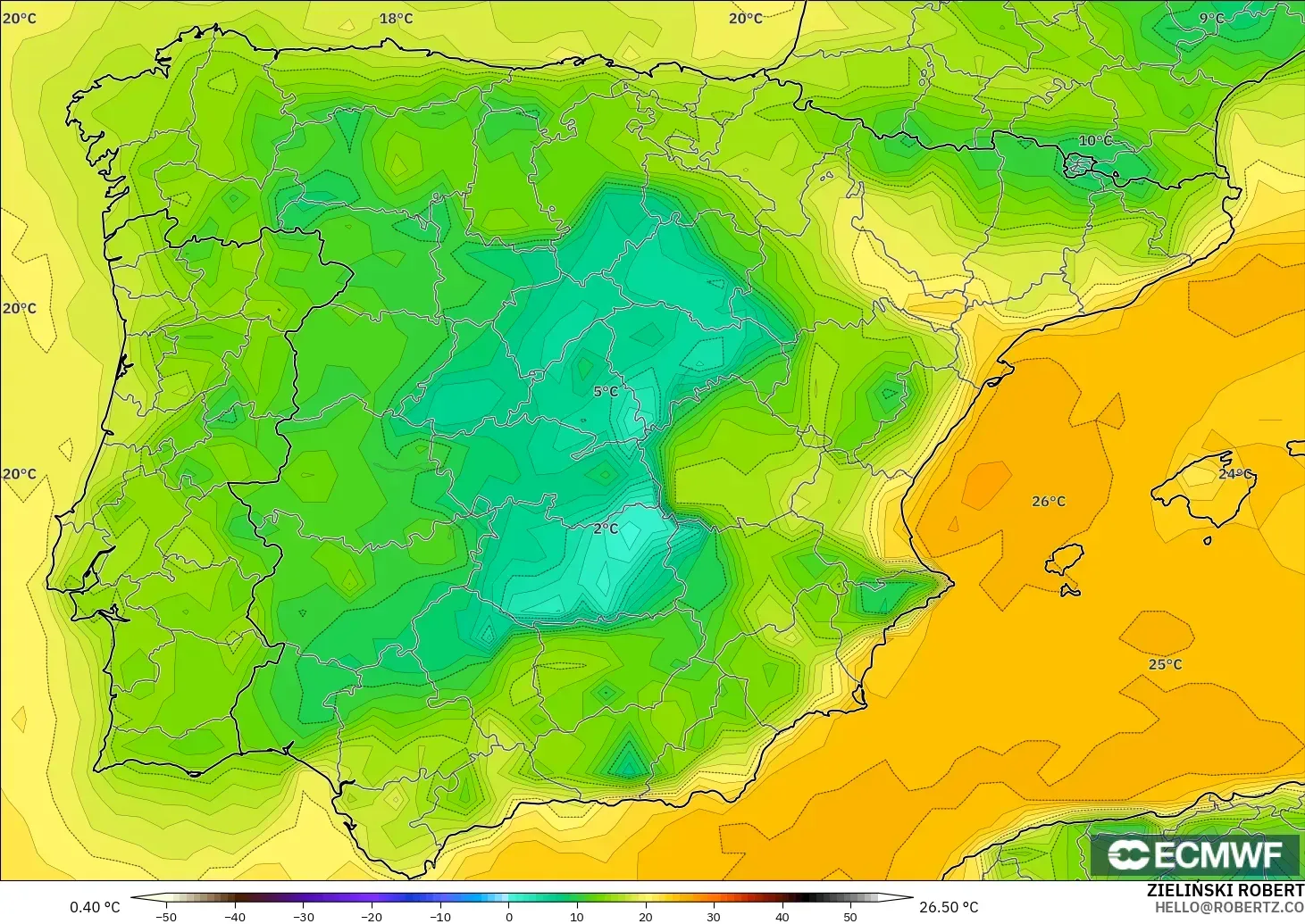 ECMWF IFS 0.25° modelo - España, Punto de rocío a 2 m