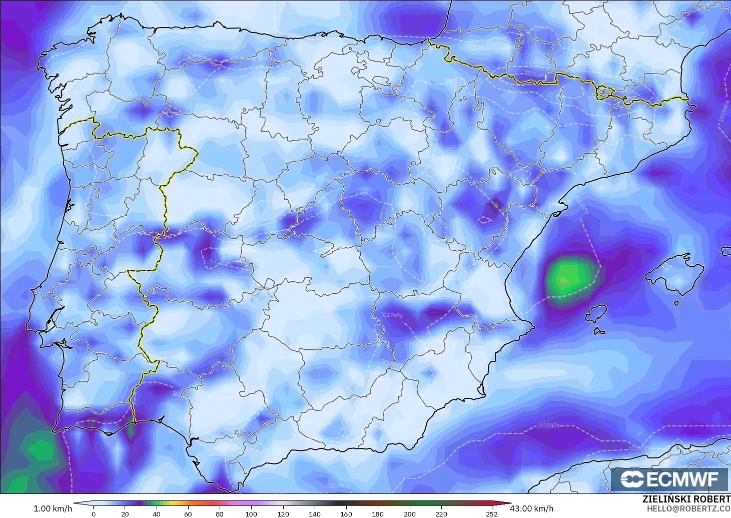 ECMWF IFS 0.25° modelo - España, Ráfagas de viento