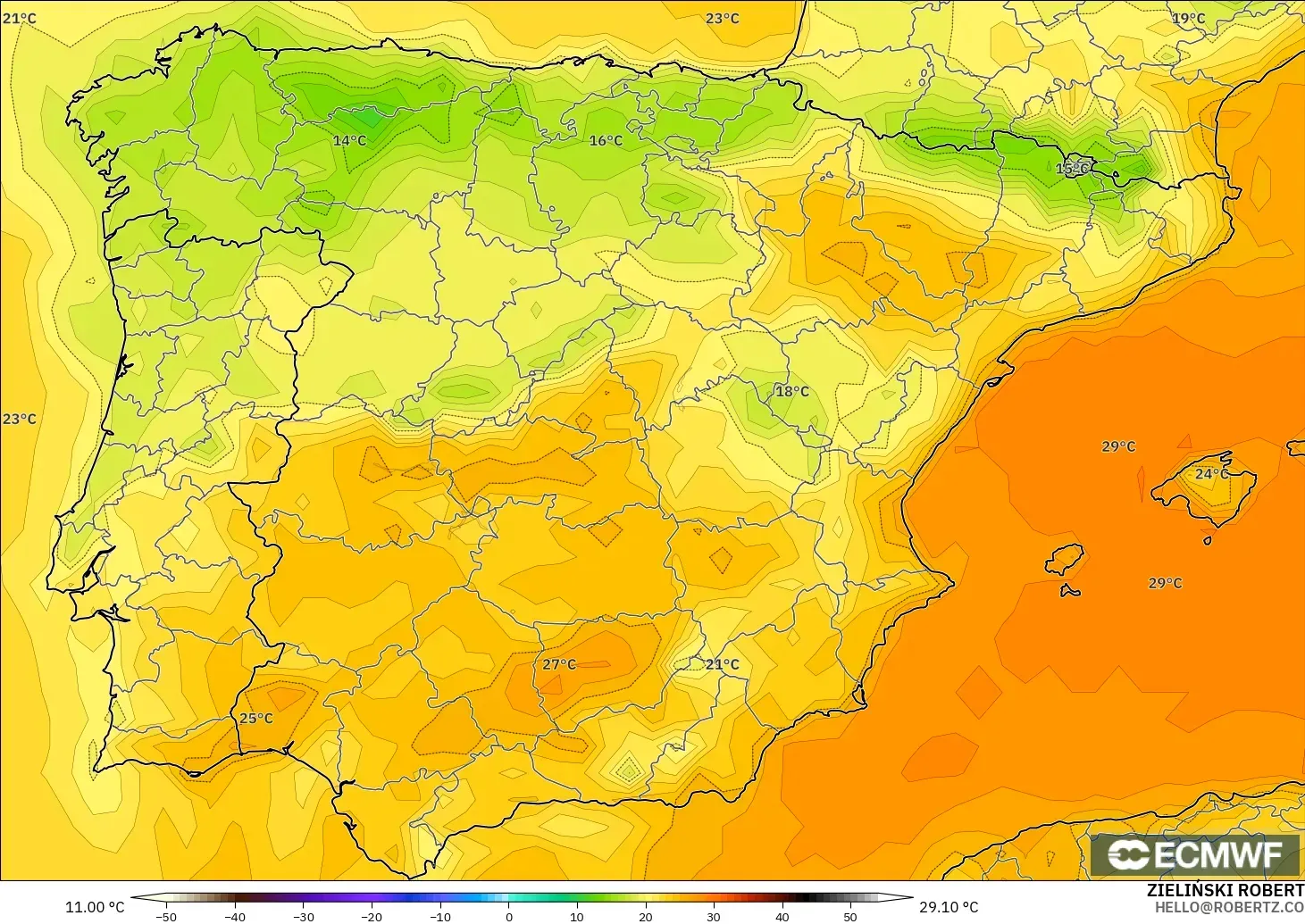 ECMWF IFS 0.25° modelo - España, Temperatura a 2 m