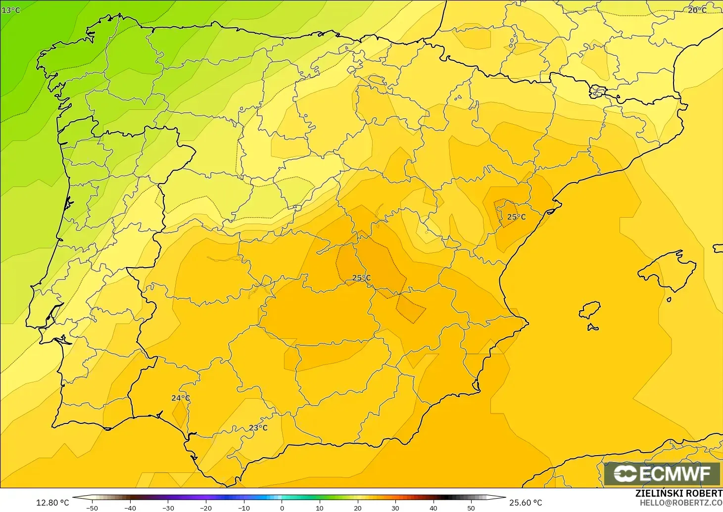 ECMWF IFS 0.25° modelo - España, Temperatura a 850 hPa