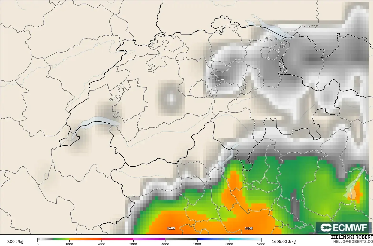 ECMWF IFS 0.25° modelo - Suiza, CAPE