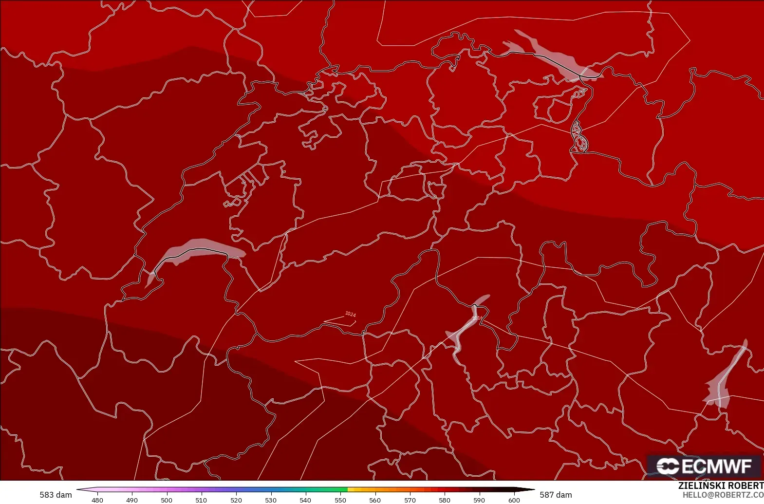 ECMWF IFS 0.25° modelo - Suiza, Altura geopotencial a 500 hPa