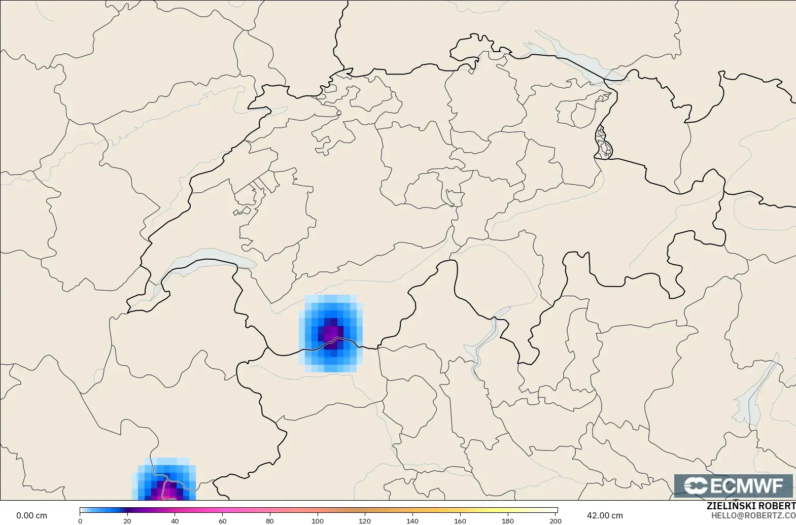 ECMWF IFS 0.25° modelo - Suiza, Profundidad de nieve