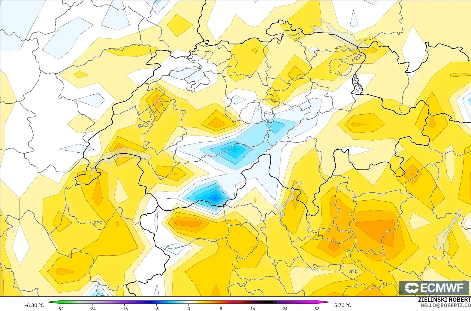 ECMWF IFS 0.25° modelo - Suiza, Anomalía de temperatura a 2 m