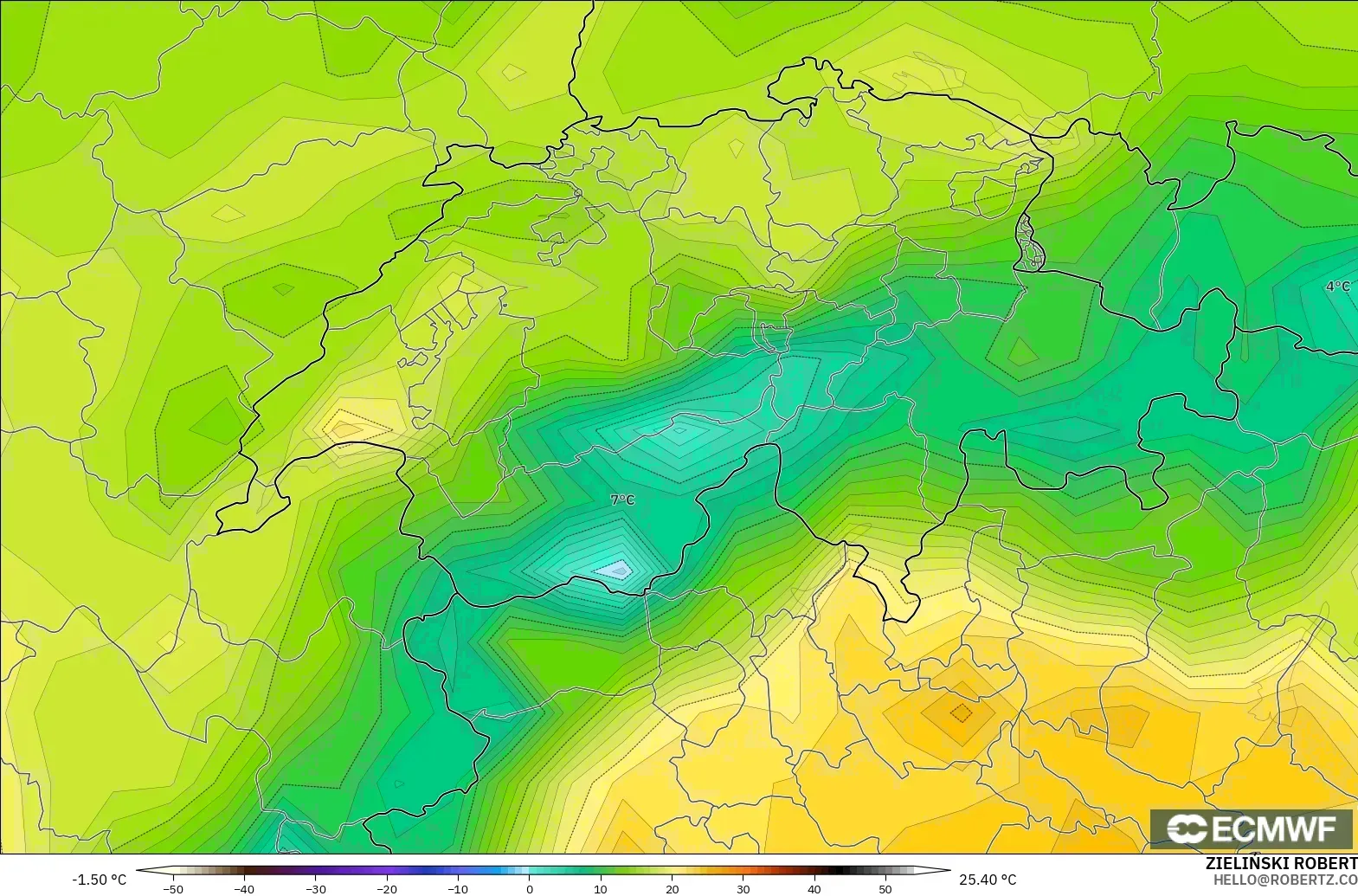 ECMWF IFS 0.25° modelo - Suiza, Temperatura a 2 m