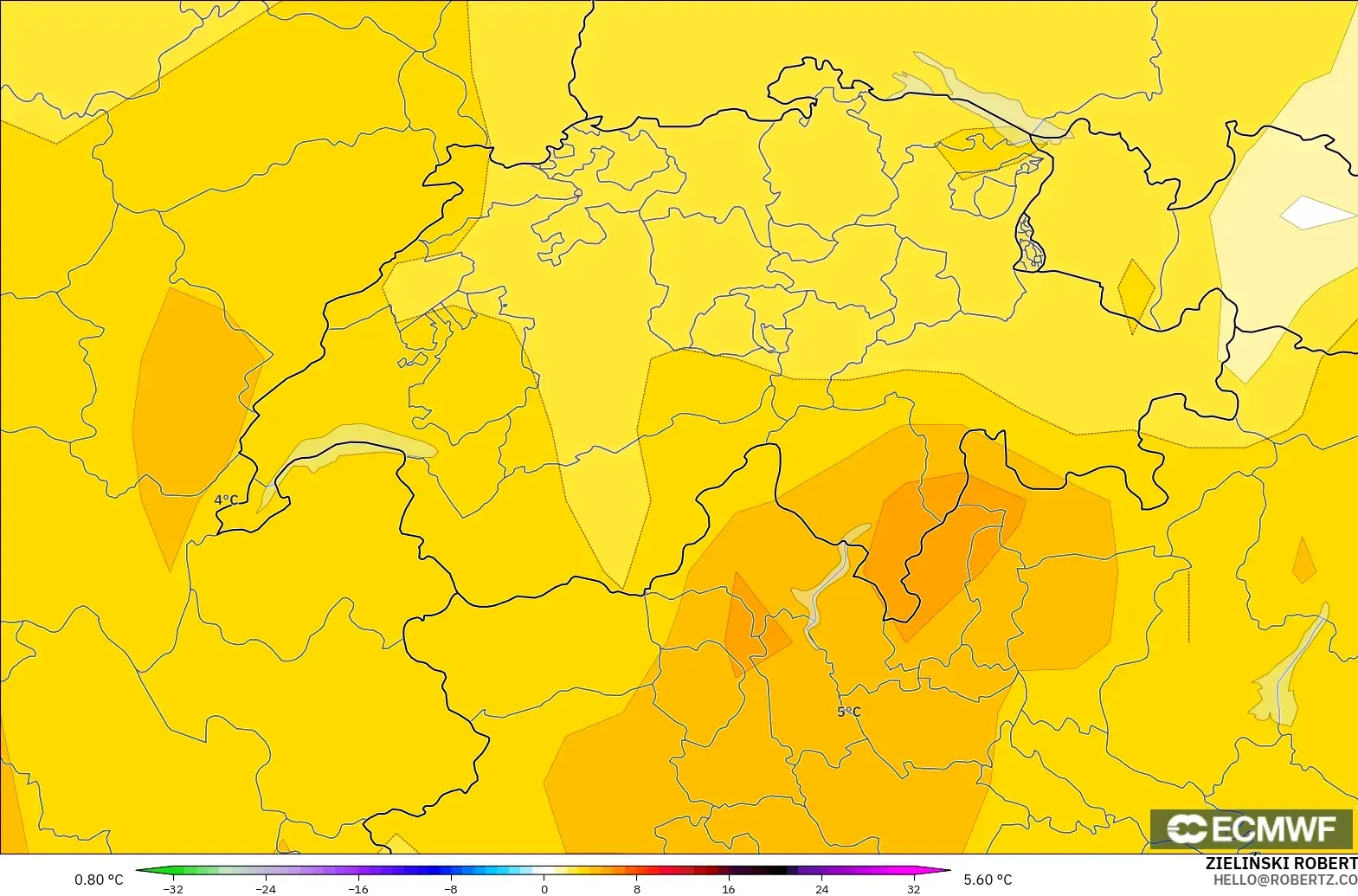 ECMWF IFS 0.25° modelo - Suiza, Anomalía de temperatura a 850 hPa