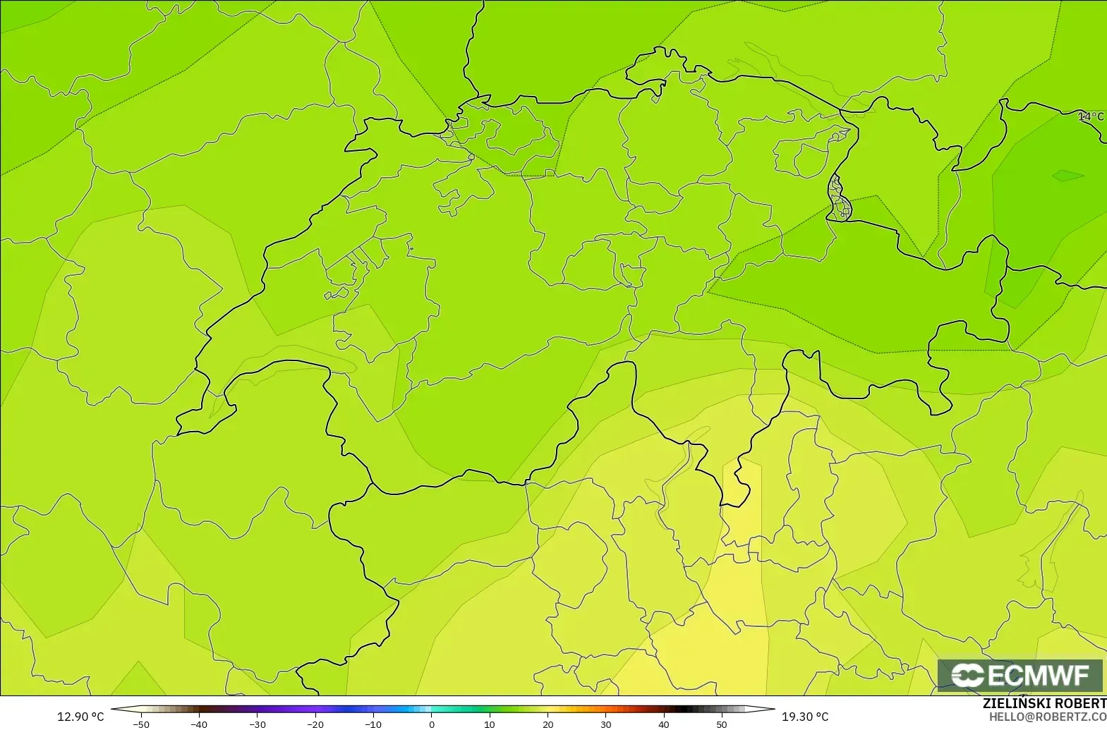 ECMWF IFS 0.25° modelo - Suiza, Temperatura a 850 hPa