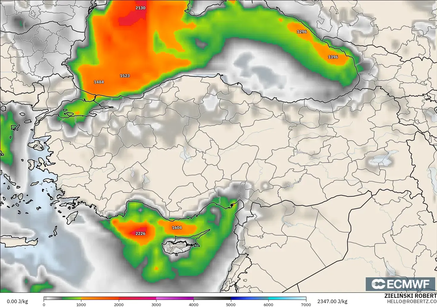 ECMWF IFS 0.25° modelo - Turquía, CAPE