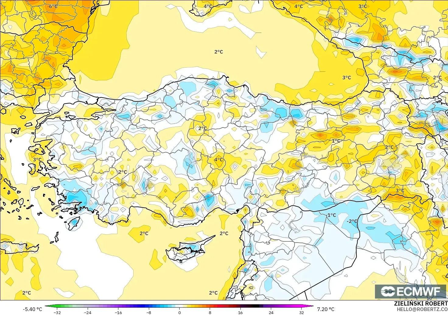 ECMWF IFS 0.25° modelo - Turquía, Anomalía de temperatura a 2 m