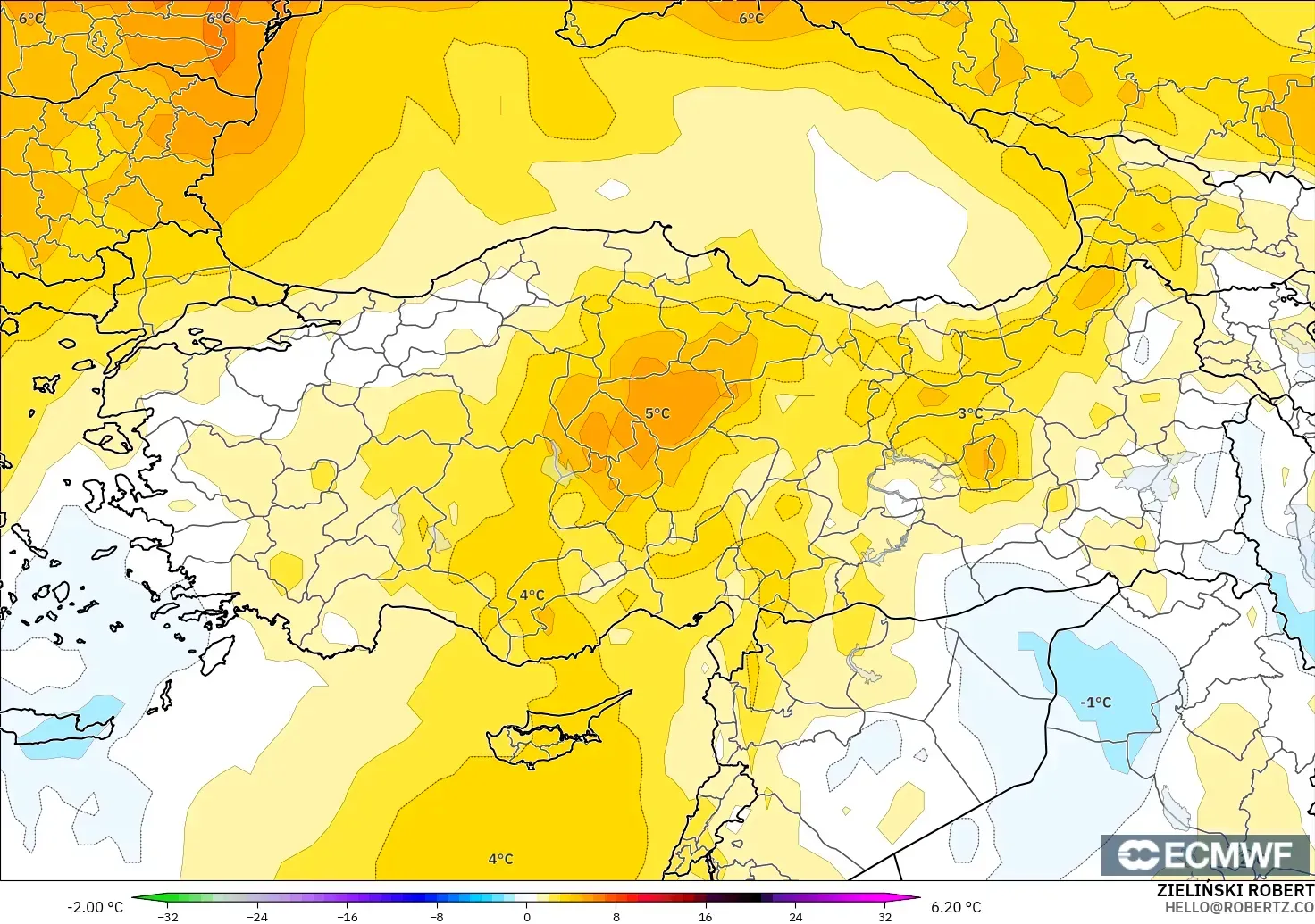 ECMWF IFS 0.25° modelo - Turquía, Anomalía de temperatura a 850 hPa