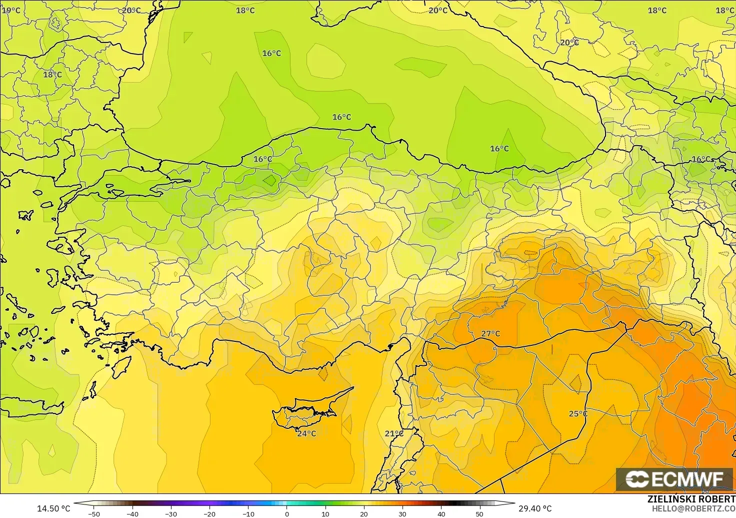 ECMWF IFS 0.25° modelo - Turquía, Temperatura a 850 hPa