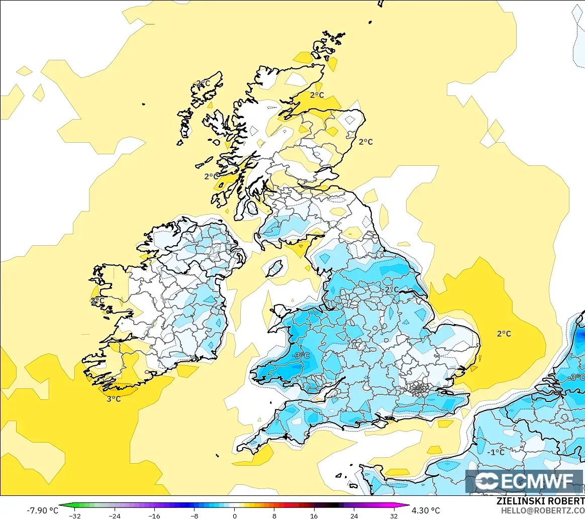 ECMWF IFS 0.25° modelo - Reino Unido, Anomalía de temperatura a 2 m