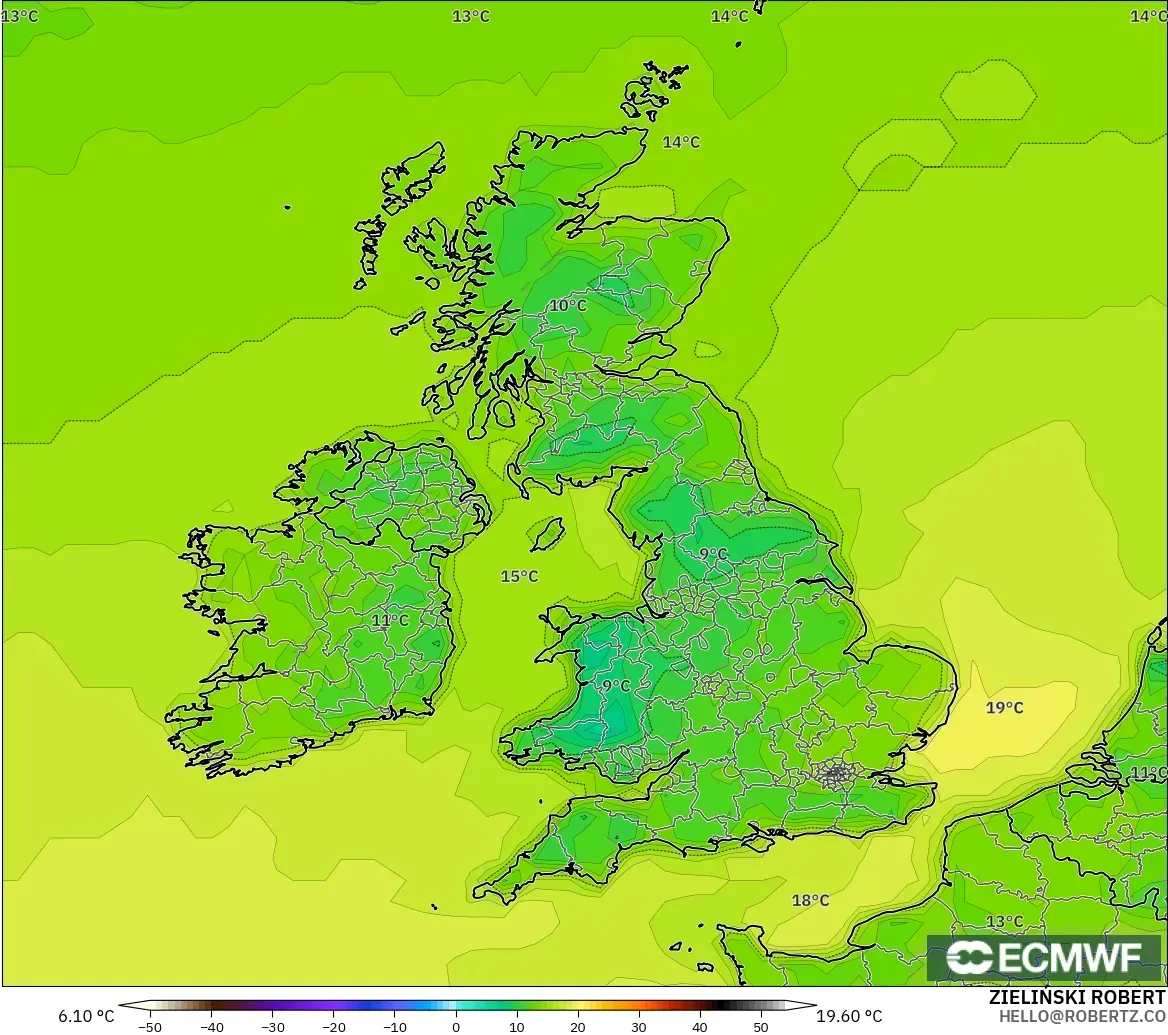 ECMWF IFS 0.25° modelo - Reino Unido, Temperatura a 2 m