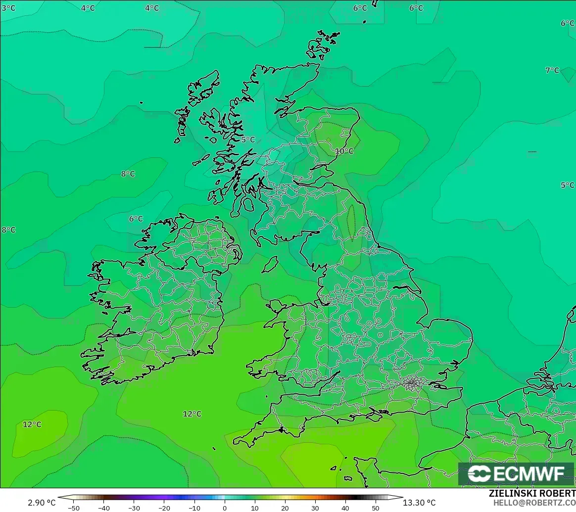 ECMWF IFS 0.25° modelo - Reino Unido, Temperatura a 850 hPa