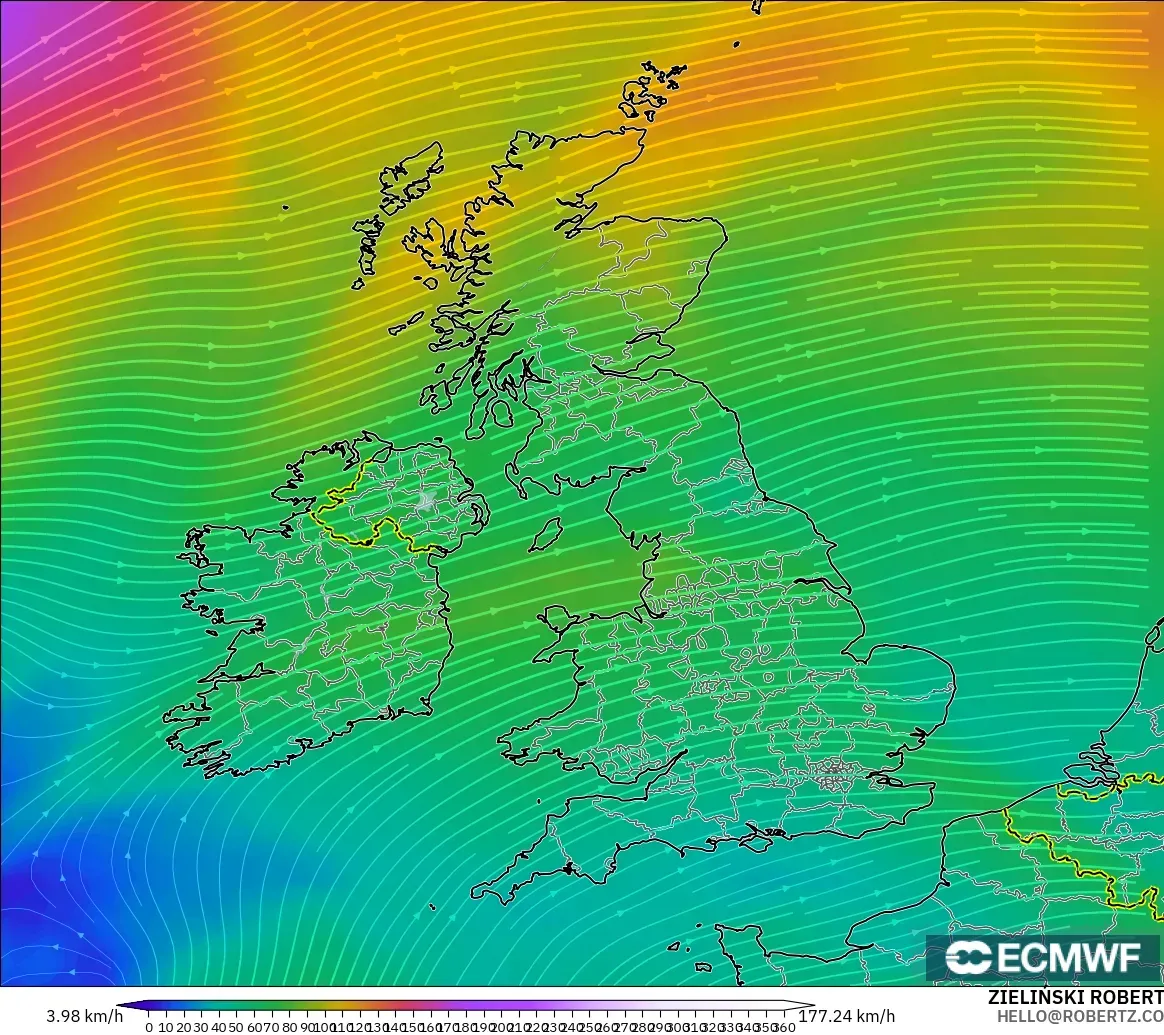 ECMWF IFS 0.25° modelo - Reino Unido, Viento a 300 hPa (corriente en chorro)