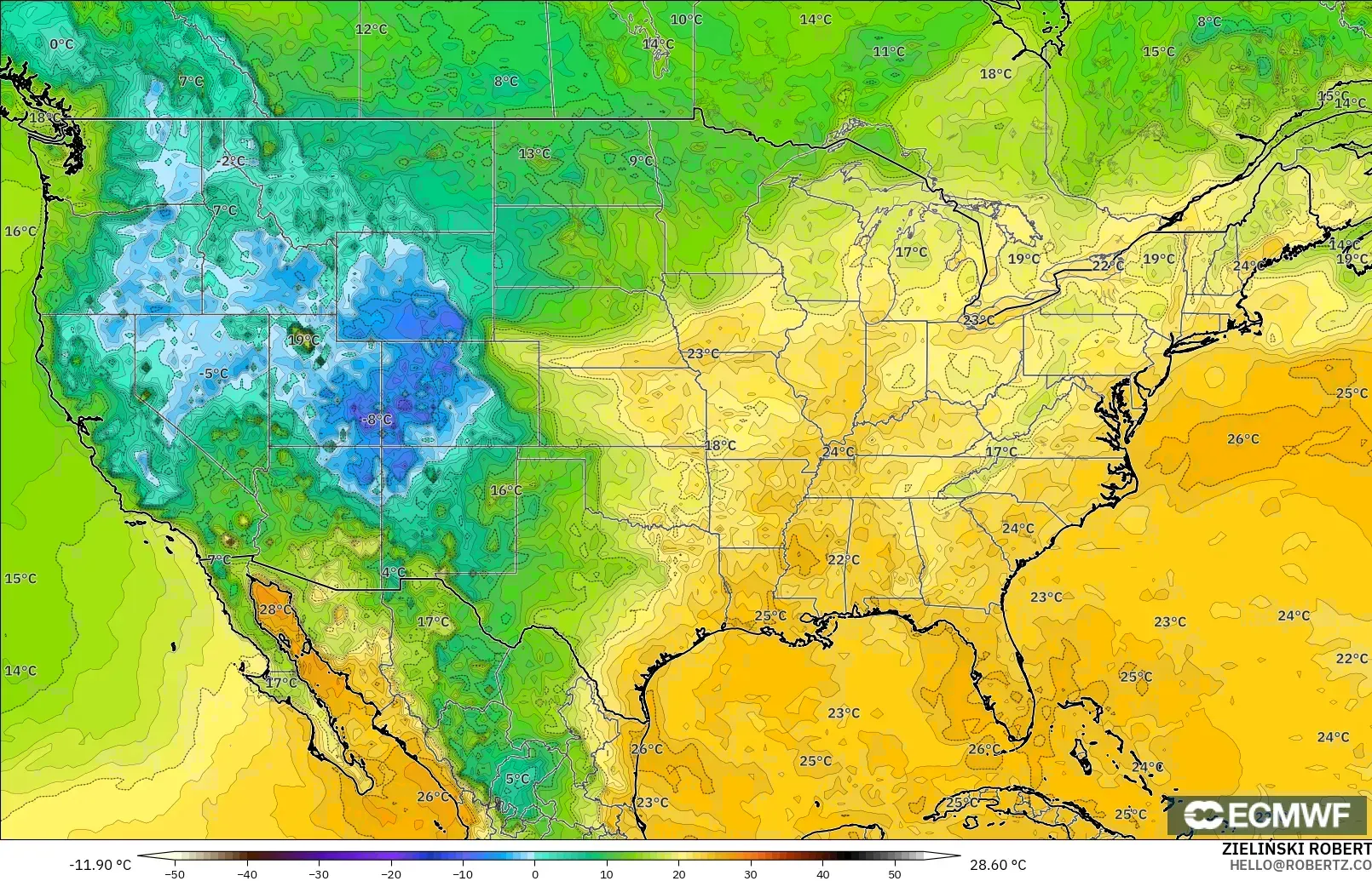 ECMWF IFS 0.25° modelo - Estados Unidos, Punto de rocío a 2 m