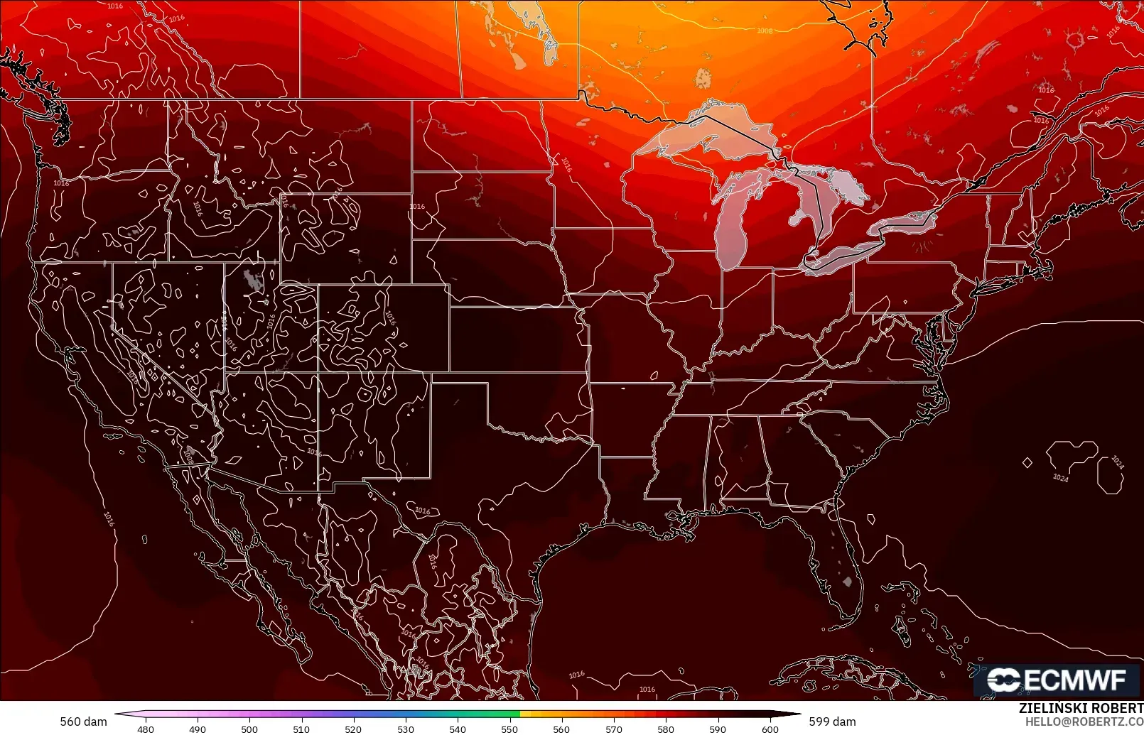 ECMWF IFS 0.25° modelo - Estados Unidos, Altura geopotencial a 500 hPa