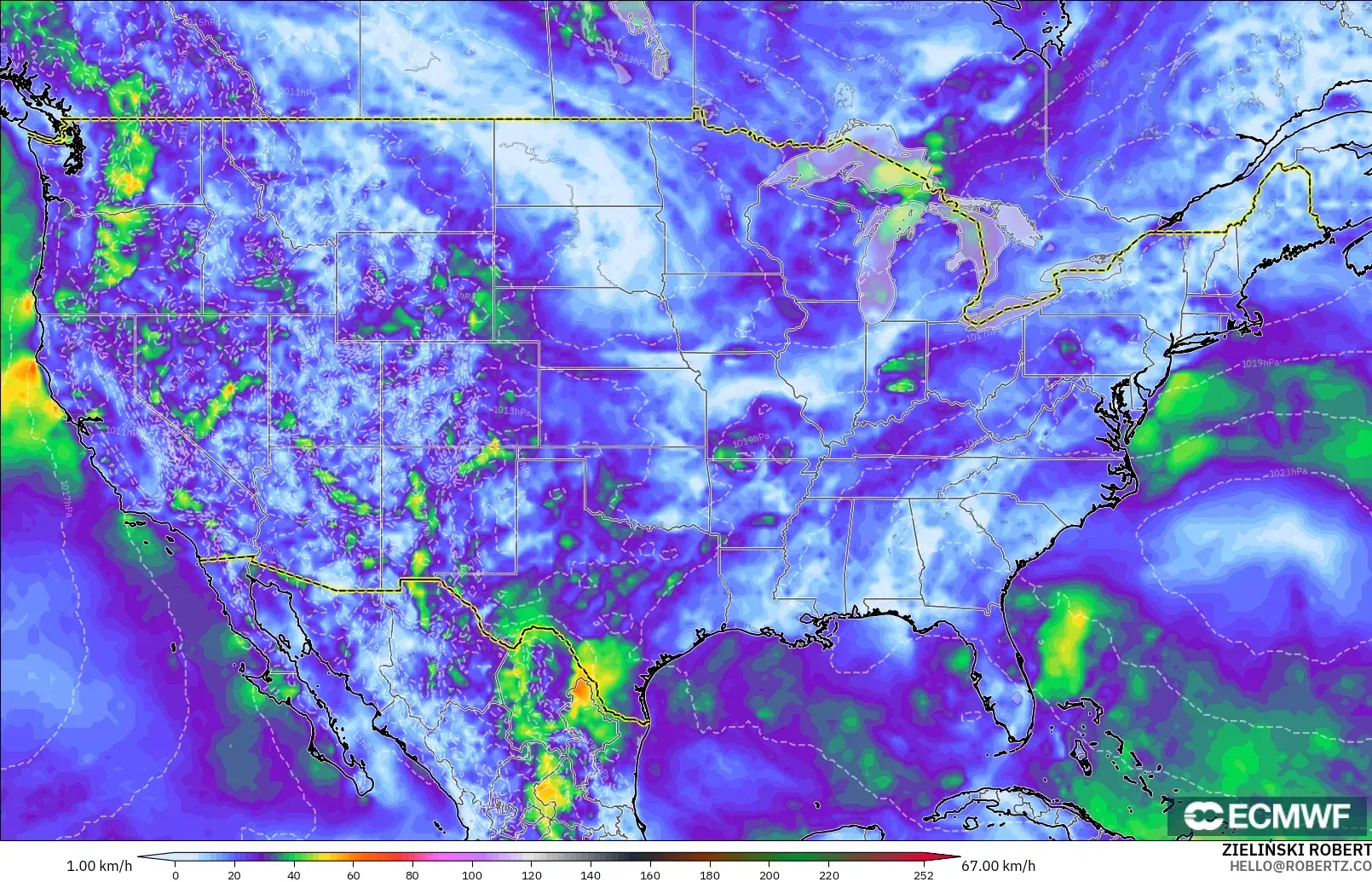 ECMWF IFS 0.25° modelo - Estados Unidos, Ráfagas de Viento Máximas