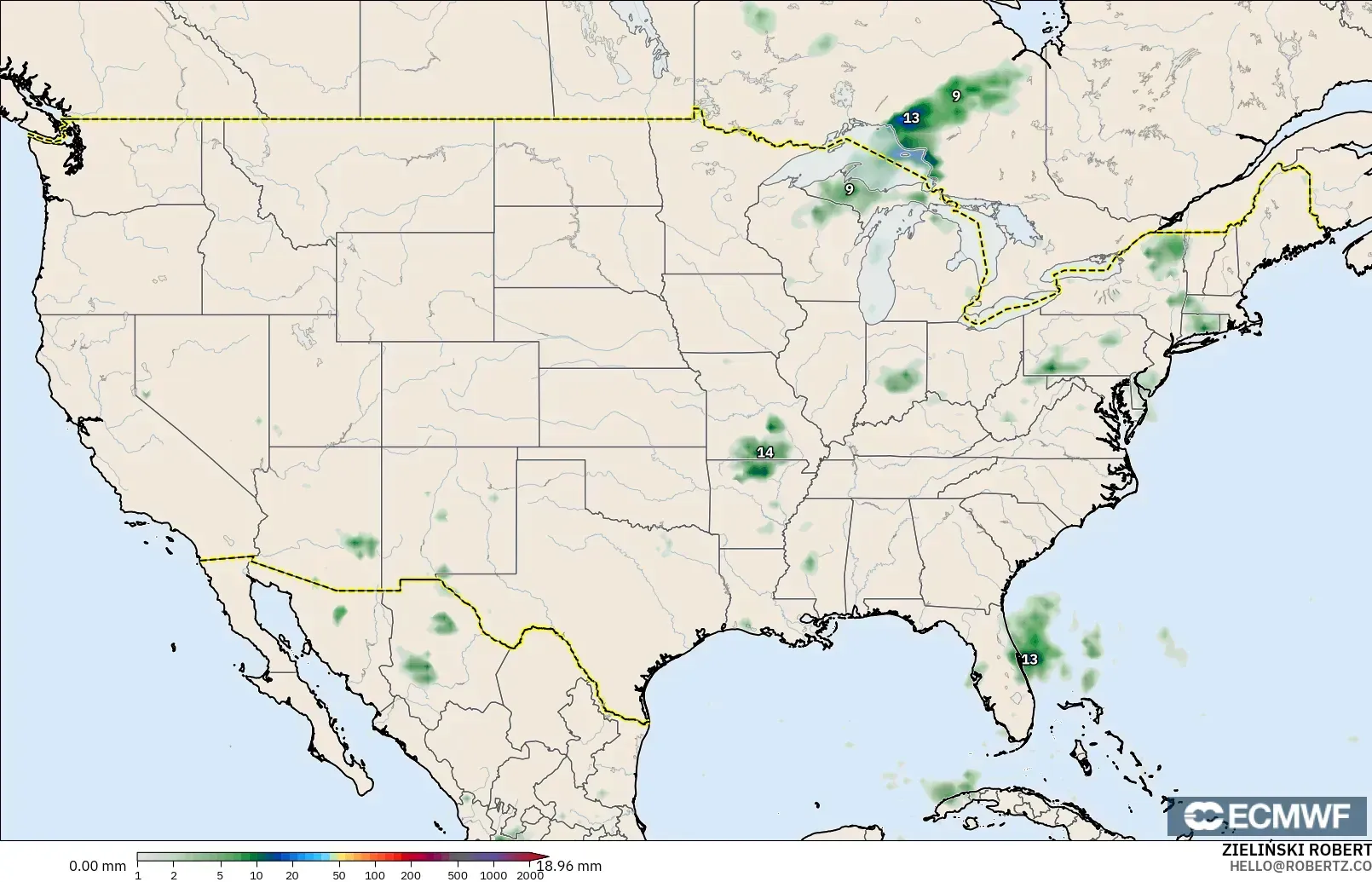 ECMWF IFS 0.25° modelo - Estados Unidos, Acumulación de precipitación