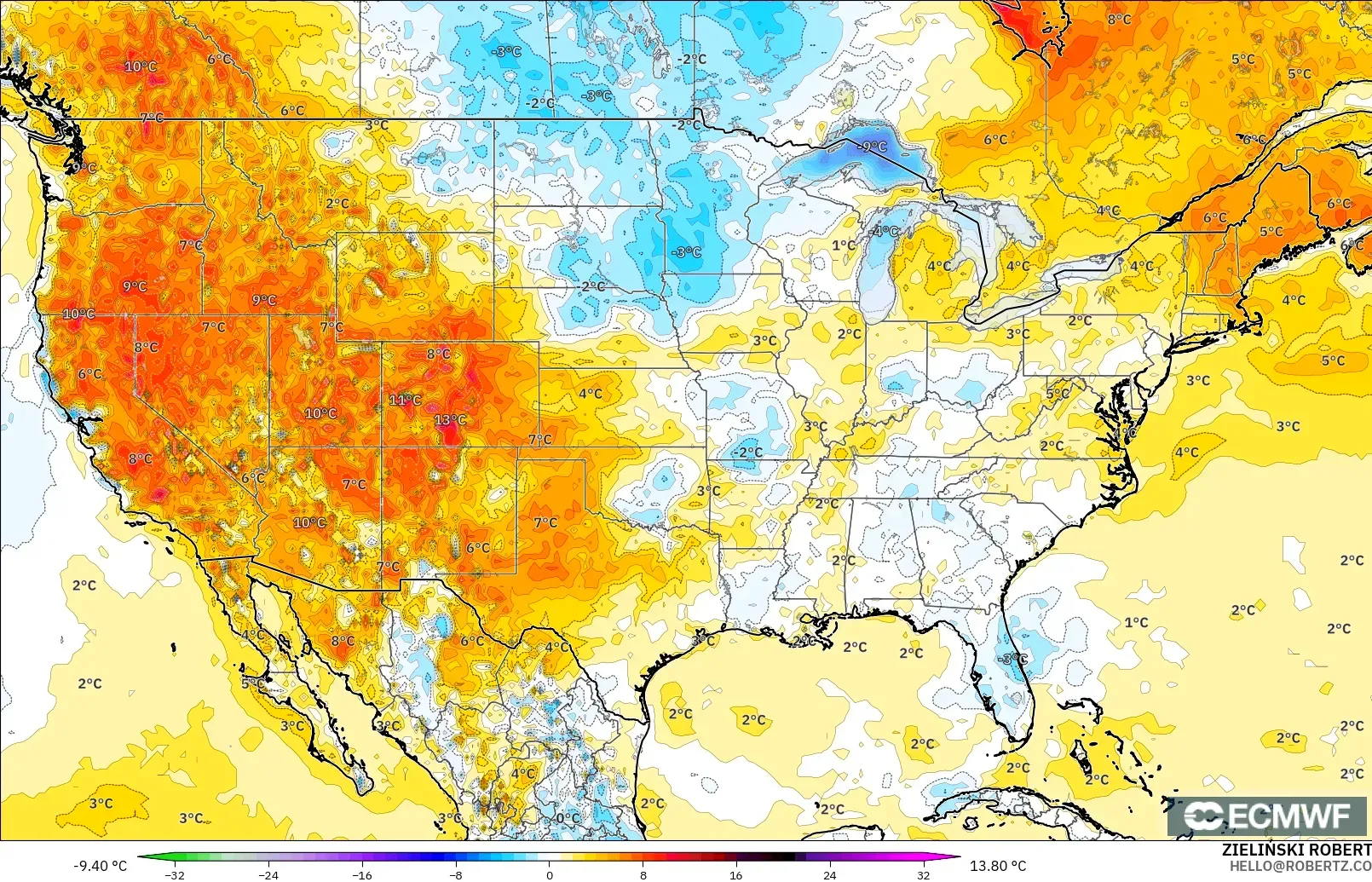 ECMWF IFS 0.25° modelo - Estados Unidos, Anomalía de temperatura a 2 m