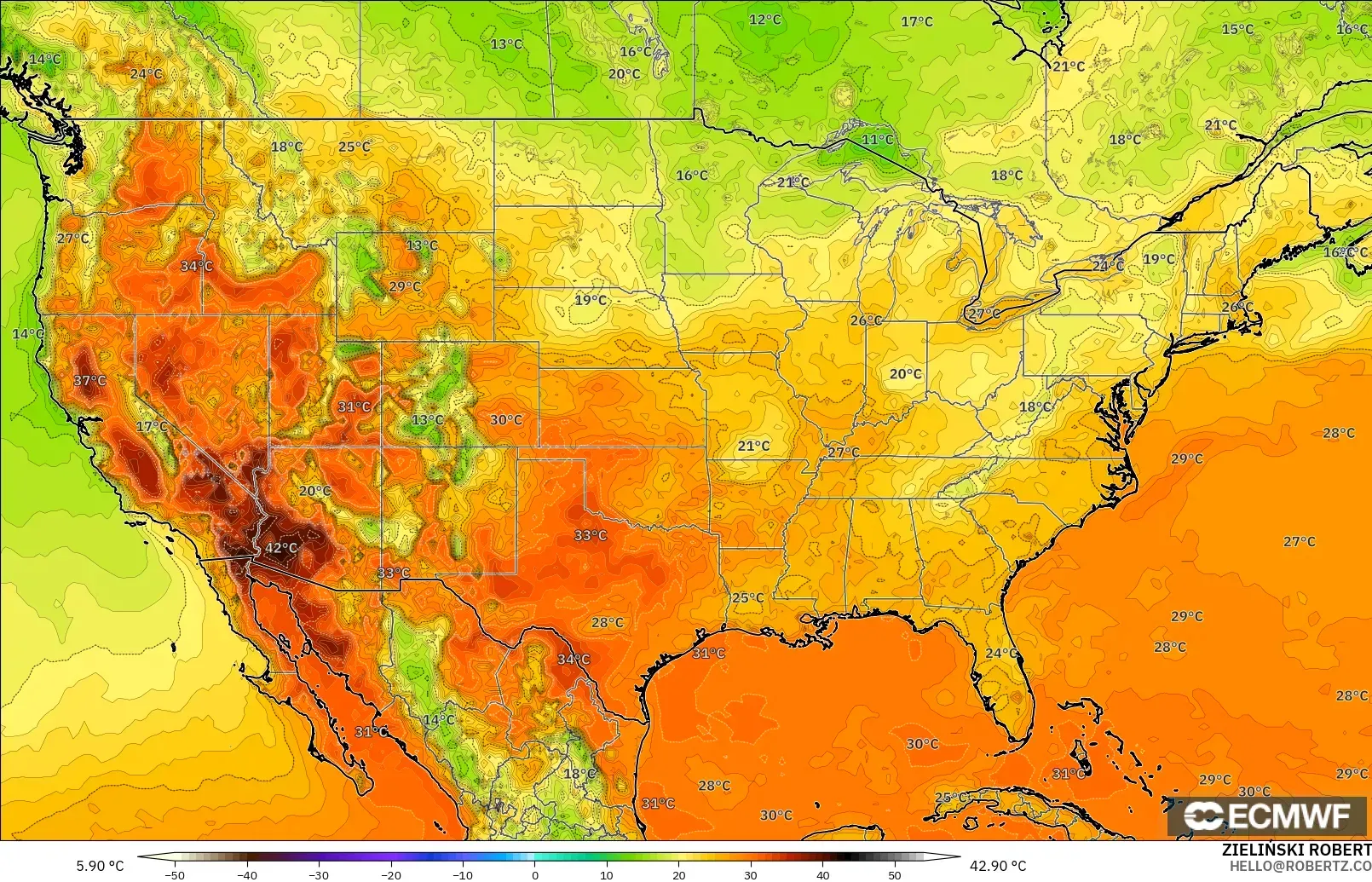 ECMWF IFS 0.25° modelo - Estados Unidos, Temperatura a 2 m