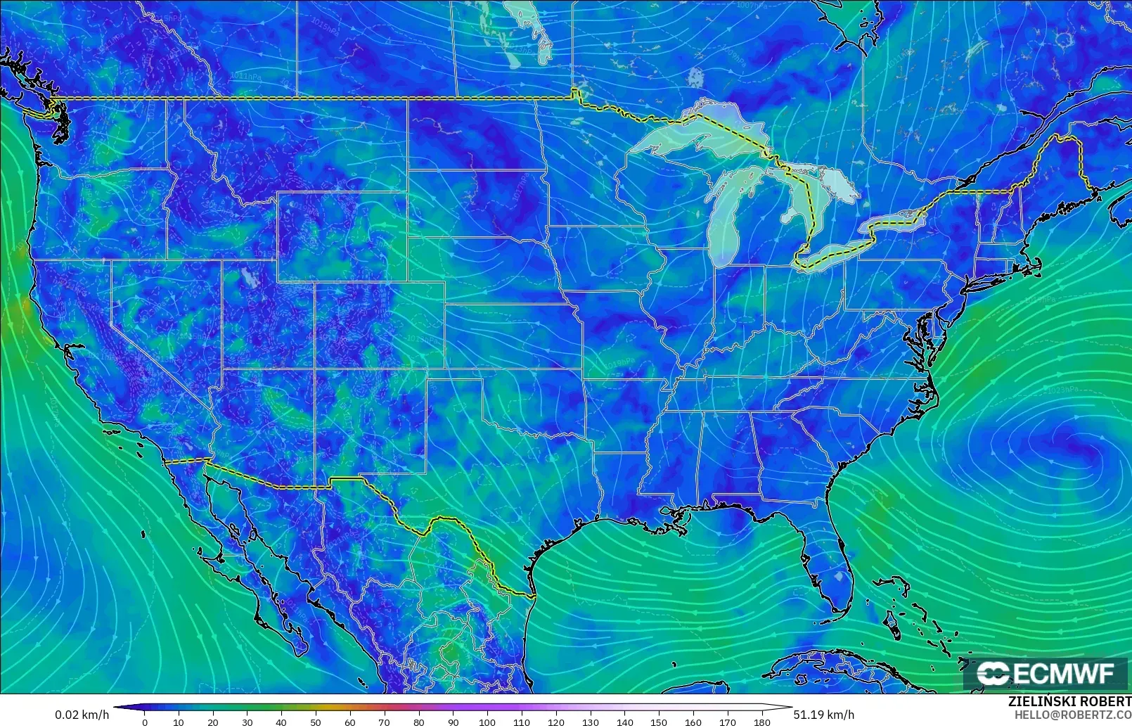 ECMWF IFS 0.25° modelo - Estados Unidos, Viento a 10 m