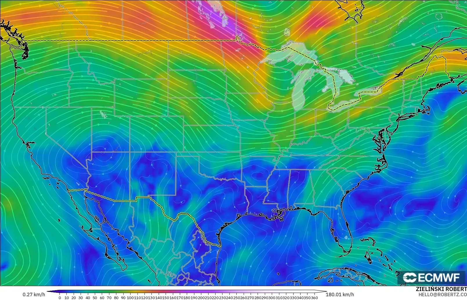 ECMWF IFS 0.25° modelo - Estados Unidos, Viento a 300 hPa (corriente en chorro)