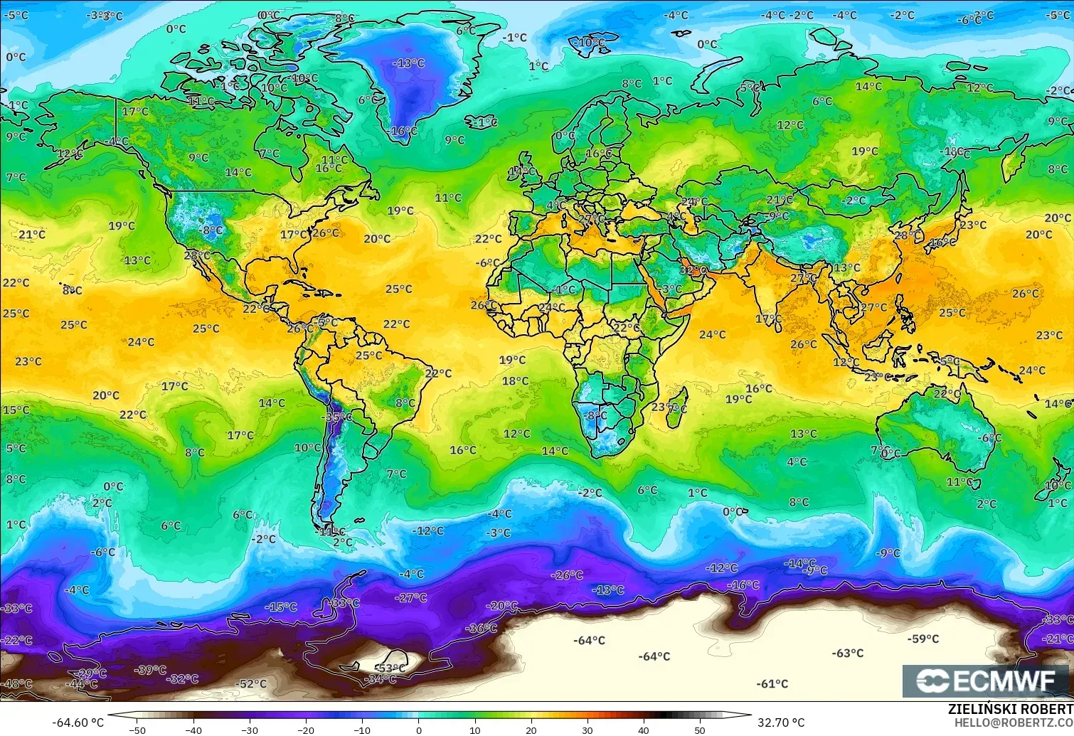ECMWF IFS 0.25° modelo - Mundo, Punto de rocío a 2 m