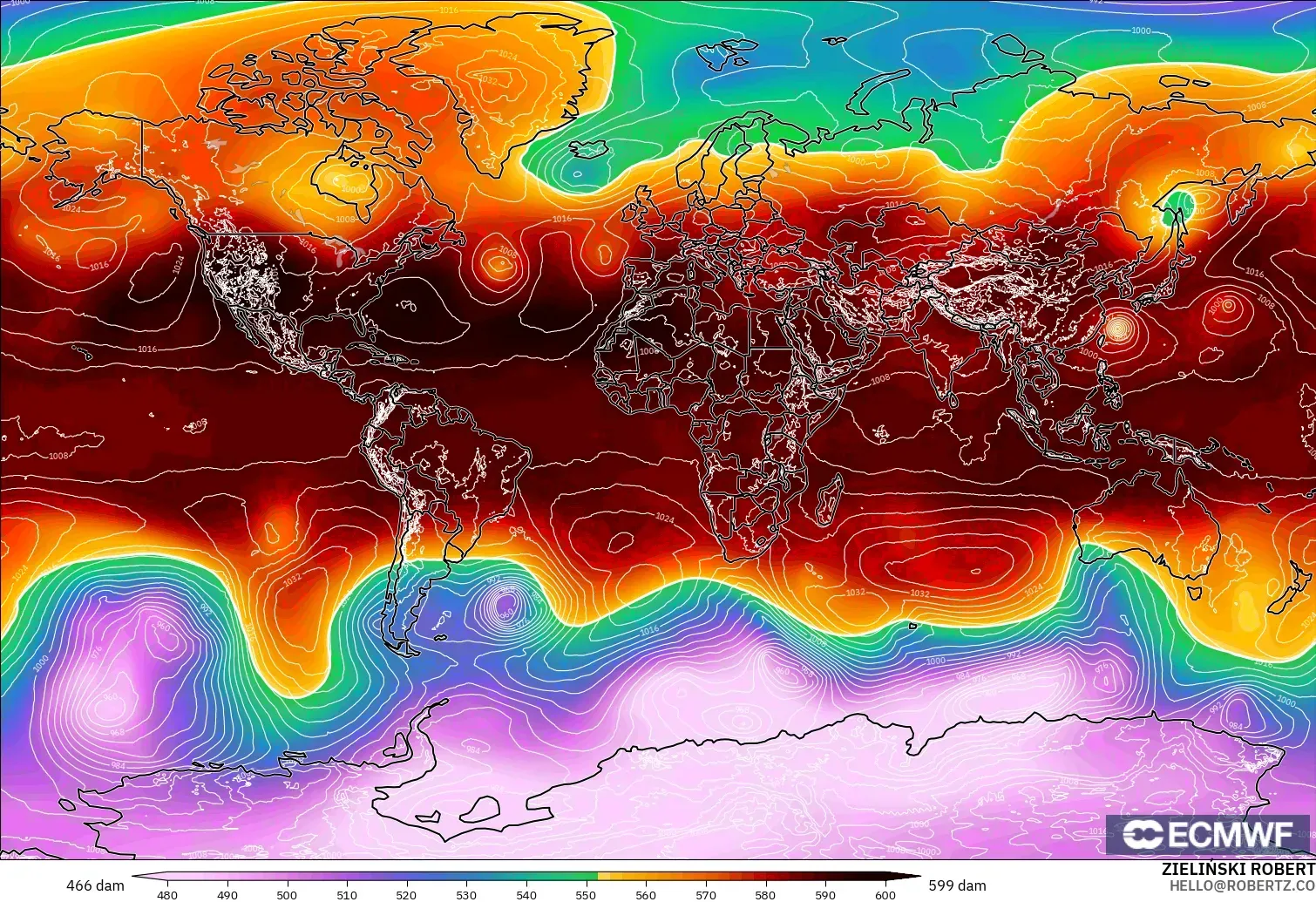ECMWF IFS 0.25° modelo - Mundo, Altura geopotencial a 500 hPa