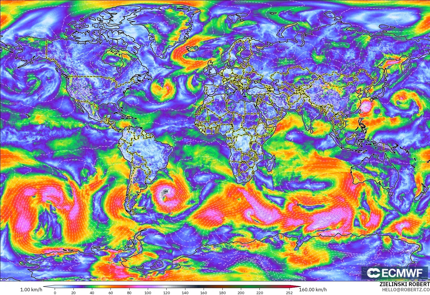 ECMWF IFS 0.25° modelo - Mundo, Ráfagas de Viento Máximas
