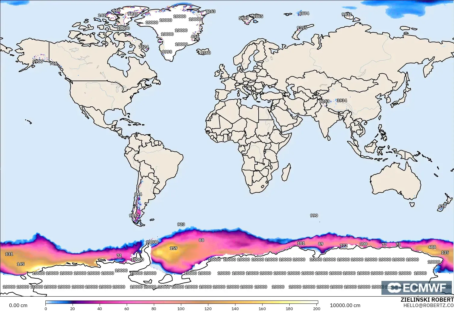 ECMWF IFS 0.25° modelo - Mundo, Profundidad de nieve