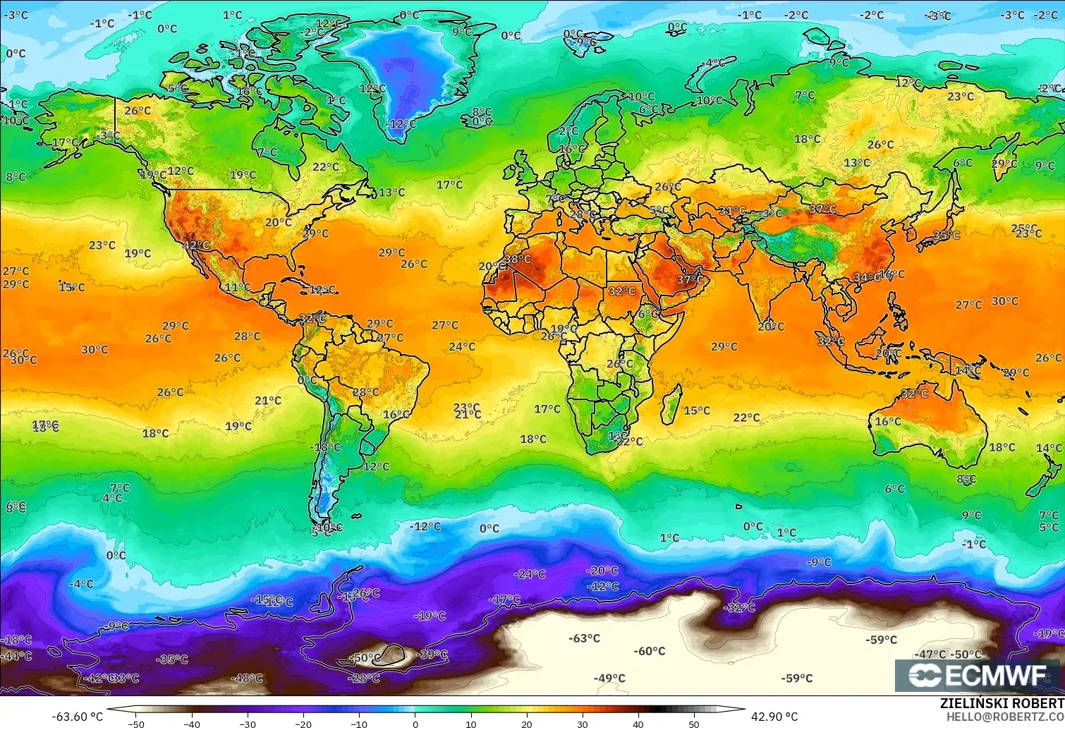 ECMWF IFS 0.25° modelo - Mundo, Temperatura a 2 m