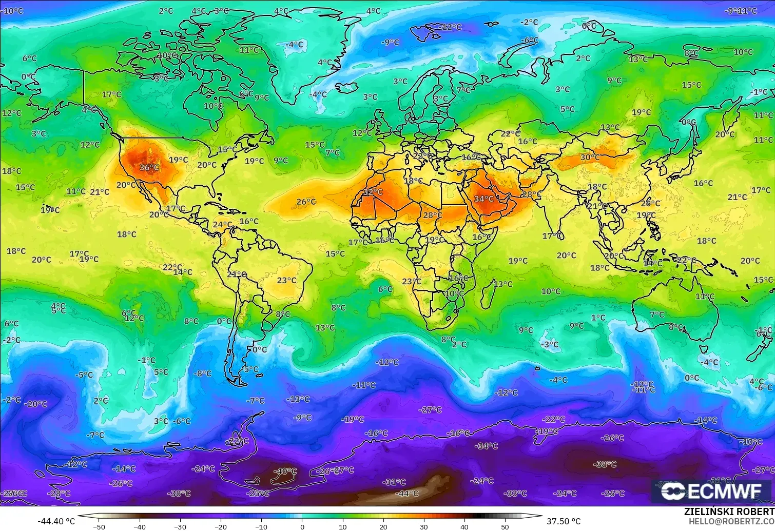 ECMWF IFS 0.25° modelo - Mundo, Temperatura a 850 hPa