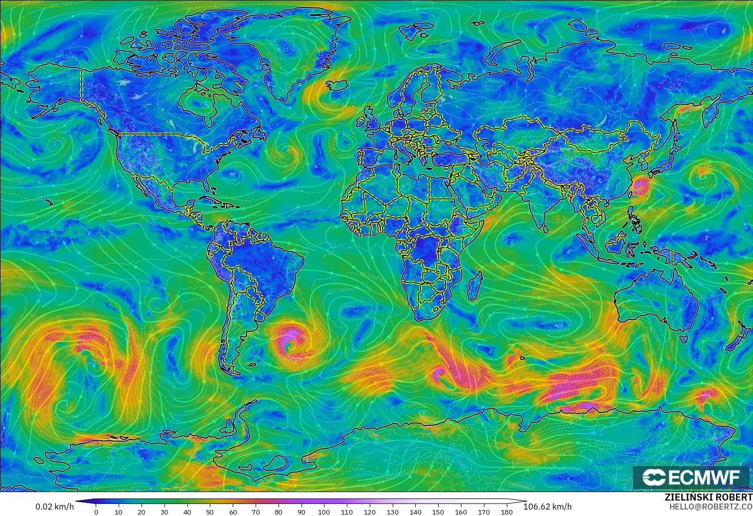 ECMWF IFS 0.25° modelo - Mundo, Viento a 10 m