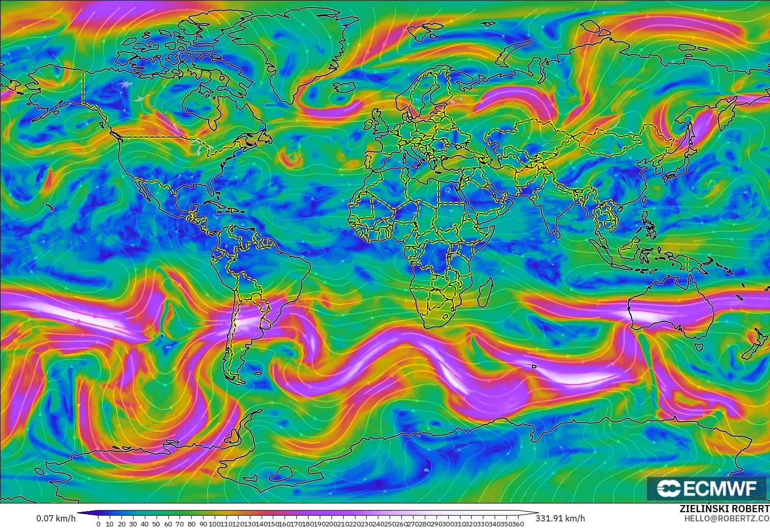 ECMWF IFS 0.25° modelo - Mundo, Viento a 300 hPa (corriente en chorro)