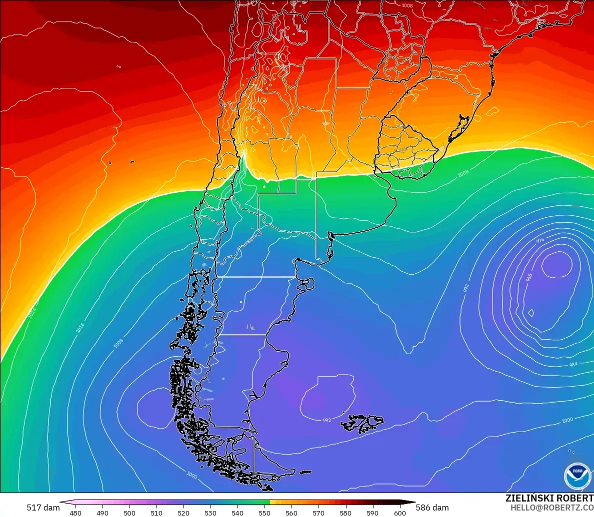GFS modelo - Argentina, Altura geopotencial a 500 hPa