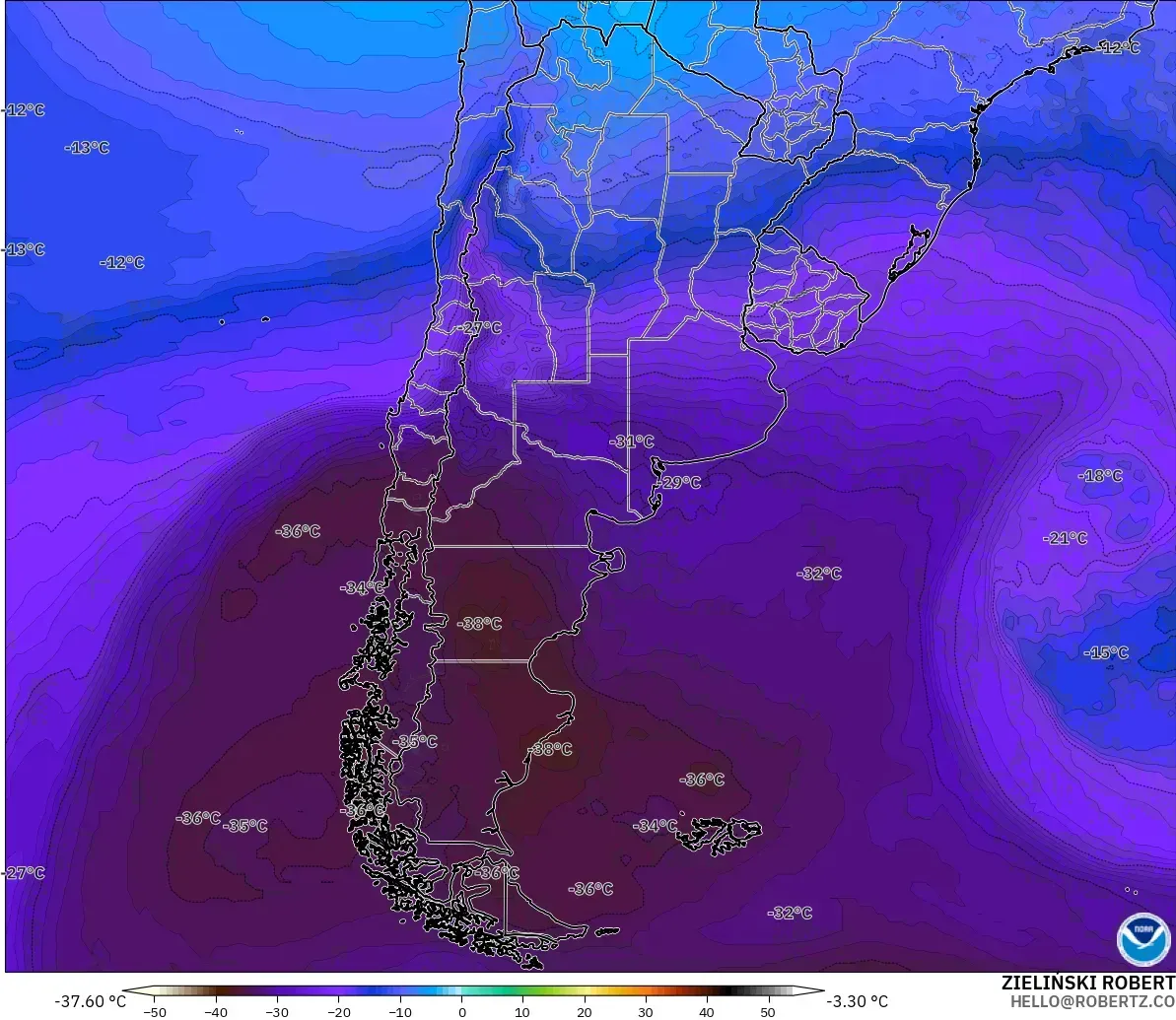 GFS modelo - Argentina, Temperatura a 500 hPa