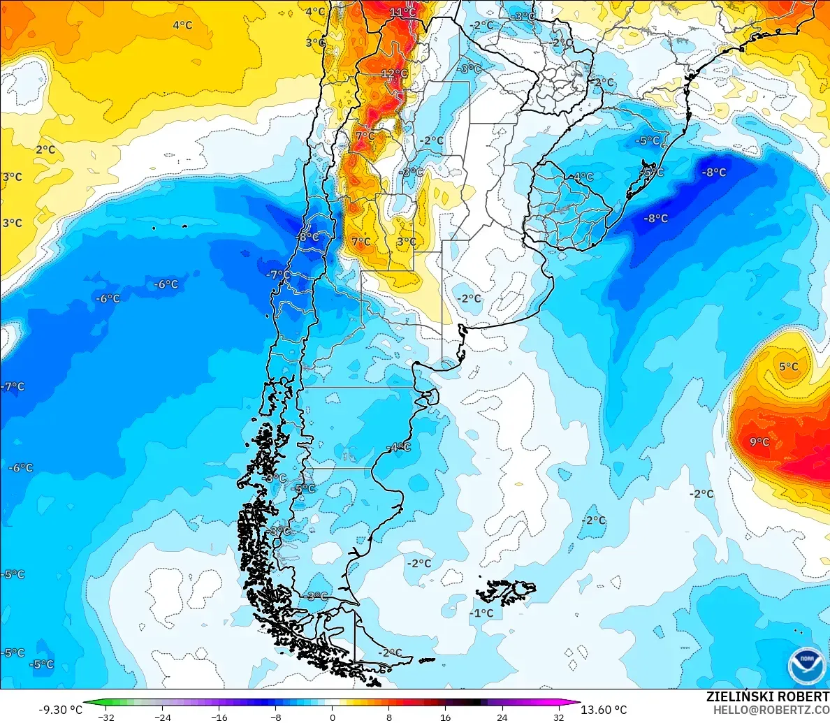 GFS modelo - Argentina, Anomalía de temperatura a 850 hPa