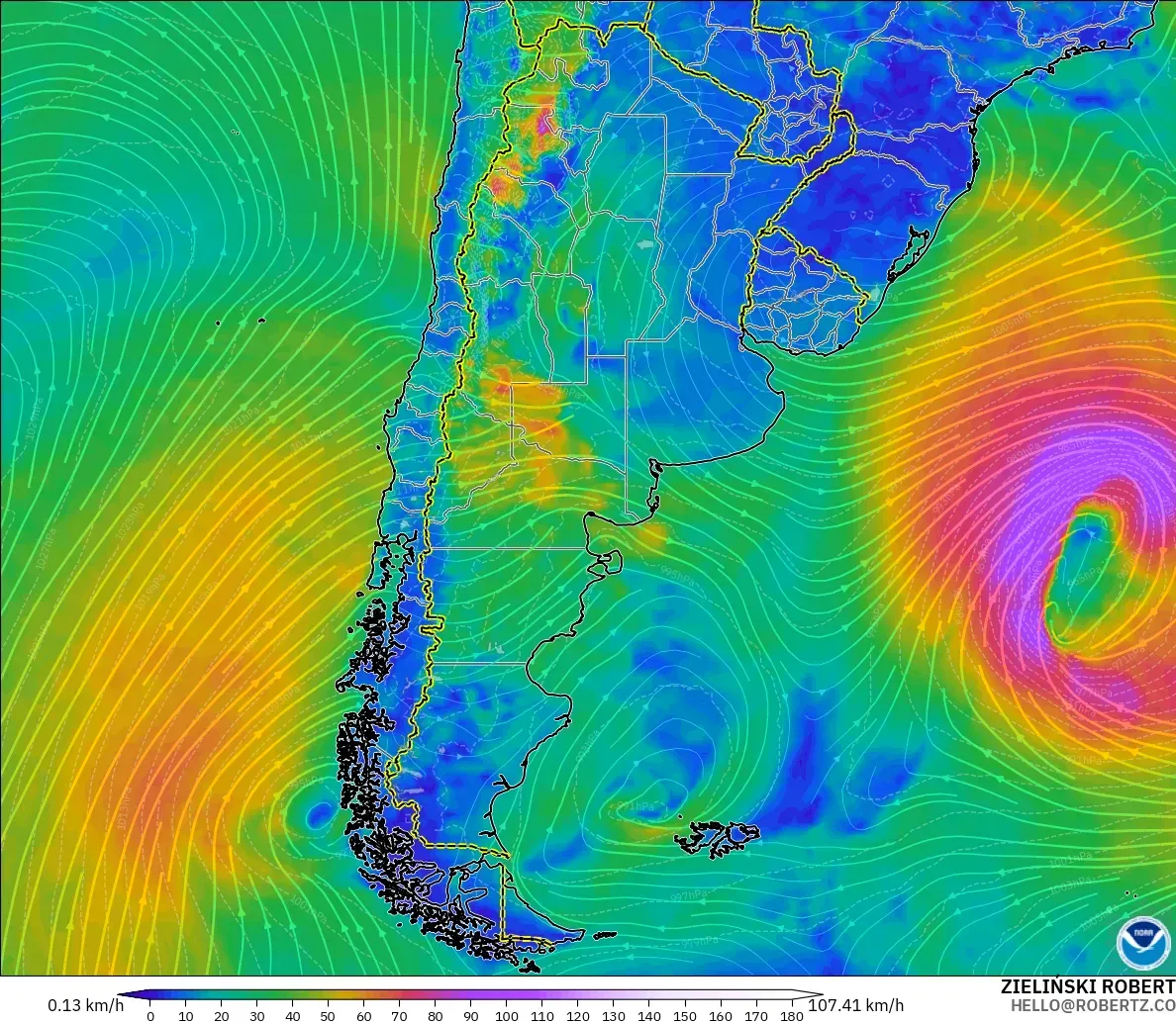 GFS modelo - Argentina, Viento a 10 m
