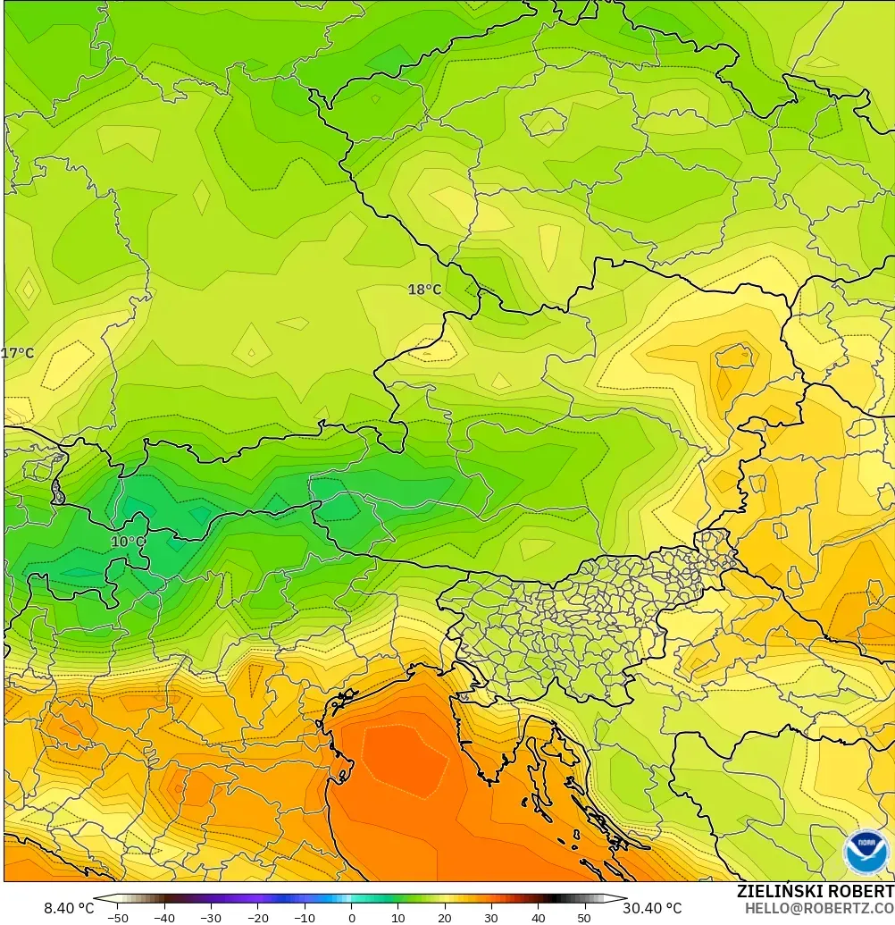 GFS modelo - Austria, Temperatura a 2 m