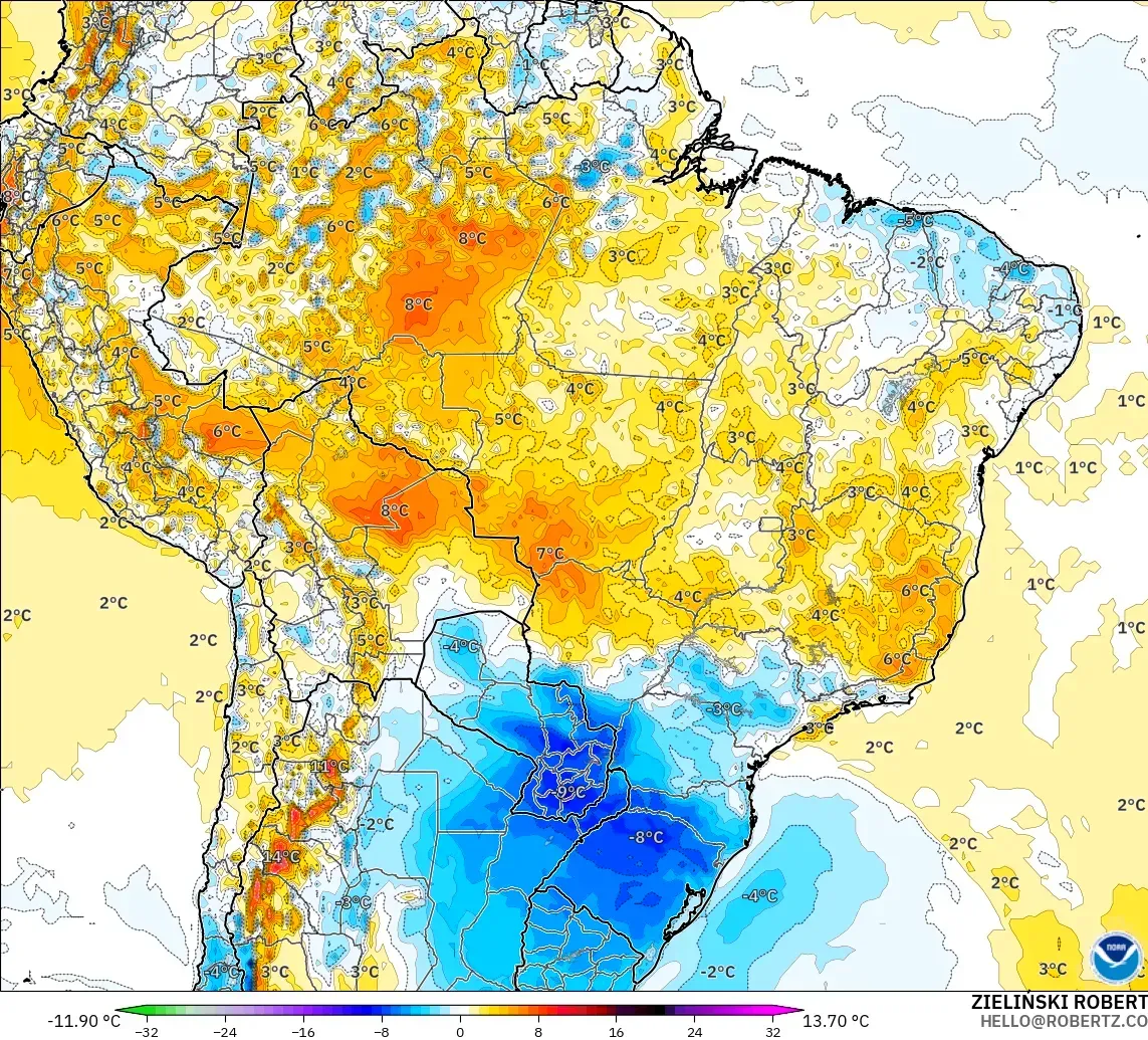 GFS modelo - Brasil, Anomalía de temperatura a 2 m
