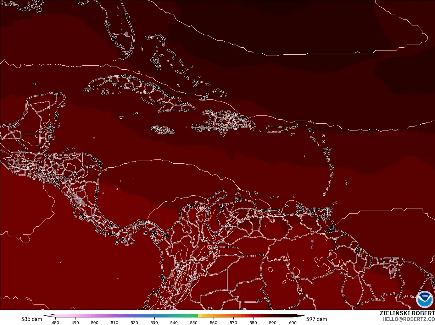 GFS modelo - Caribe, Altura geopotencial a 500 hPa