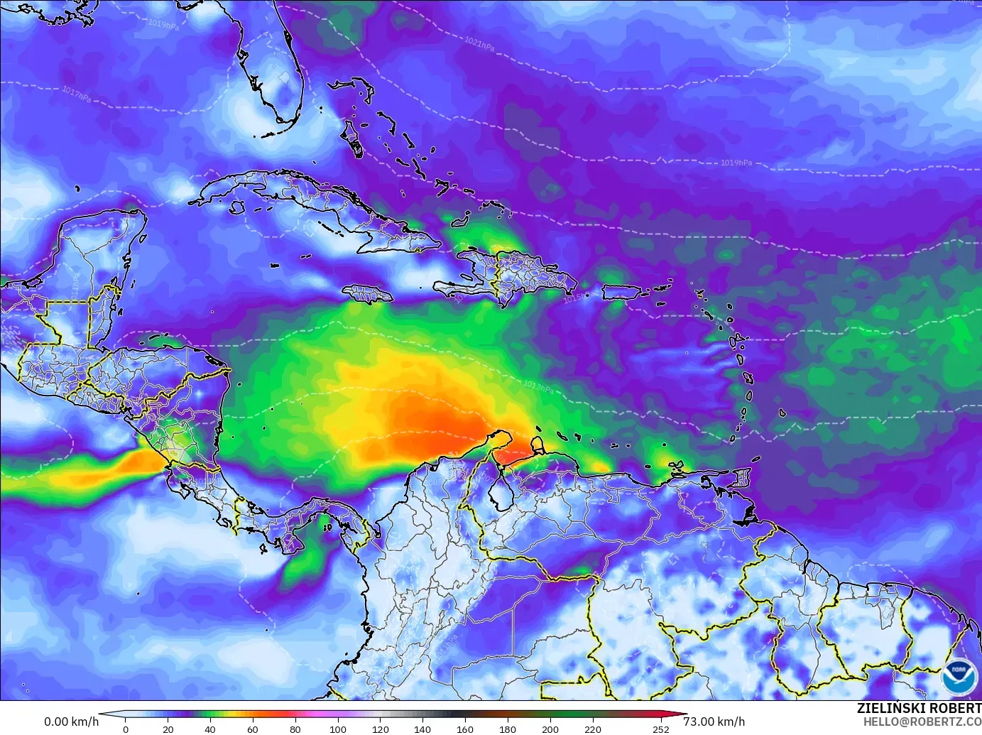 GFS modelo - Caribe, Ráfagas de Viento Máximas