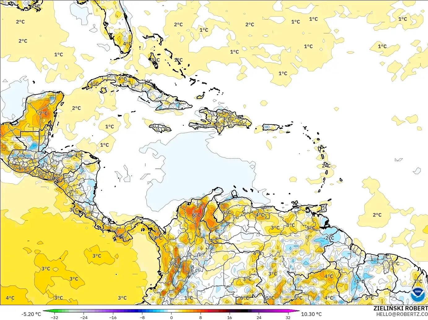 GFS modelo - Caribe, Anomalía de temperatura a 2 m