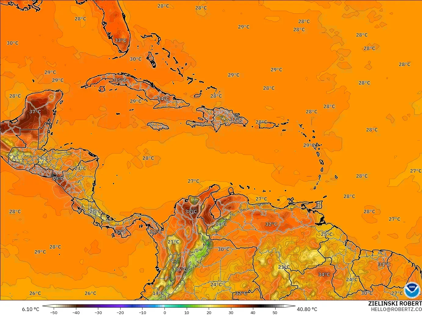 GFS modelo - Caribe, Temperatura a 2 m