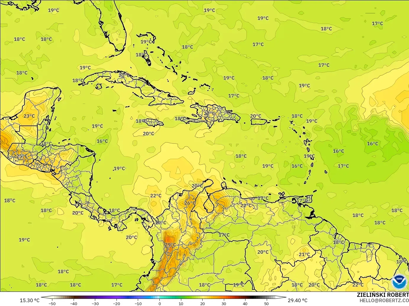 GFS modelo - Caribe, Temperatura a 850 hPa