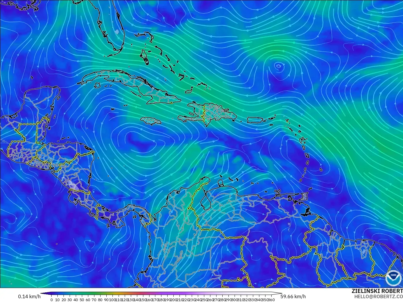GFS modelo - Caribe, Viento a 300 hPa (corriente en chorro)