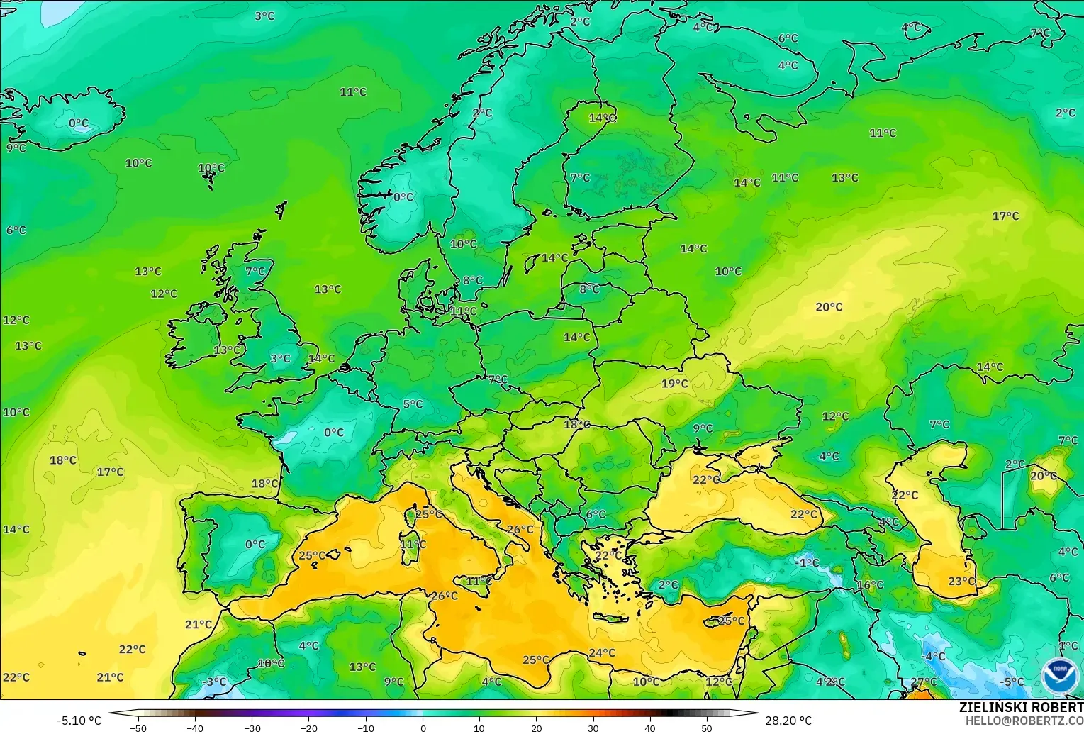 GFS modelo - Europa, Punto de rocío a 2 m
