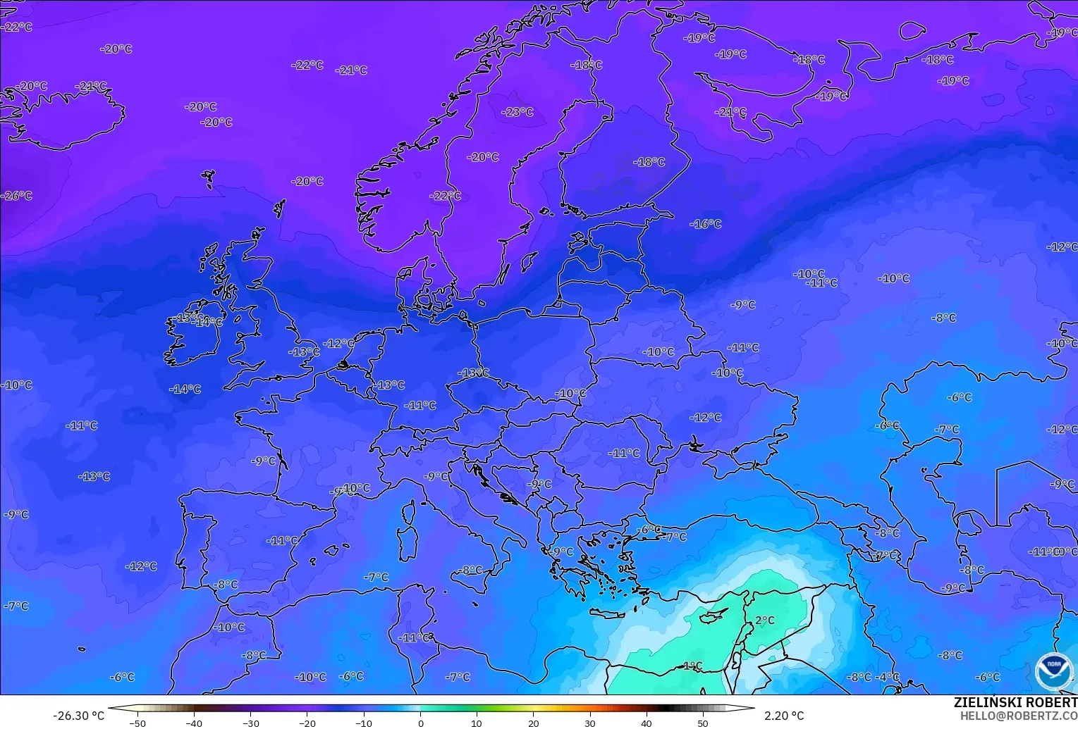 GFS modelo - Europa, Temperatura a 500 hPa
