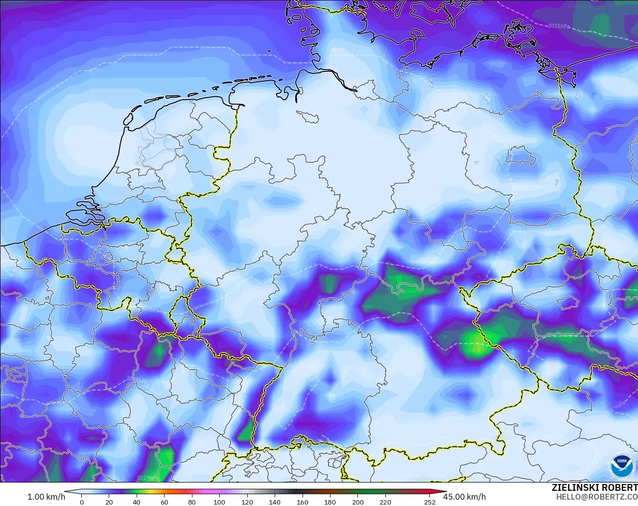 GFS modelo - Alemania, Ráfagas de Viento Máximas